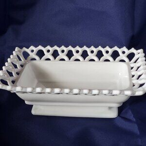 Westmoreland white milk glass "Doric Lace" decorative rectangular footed dish